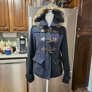 Vintage Y2K Wet Seal Sailor Pea Coat Fur Trim Hooded Womens Small Blue